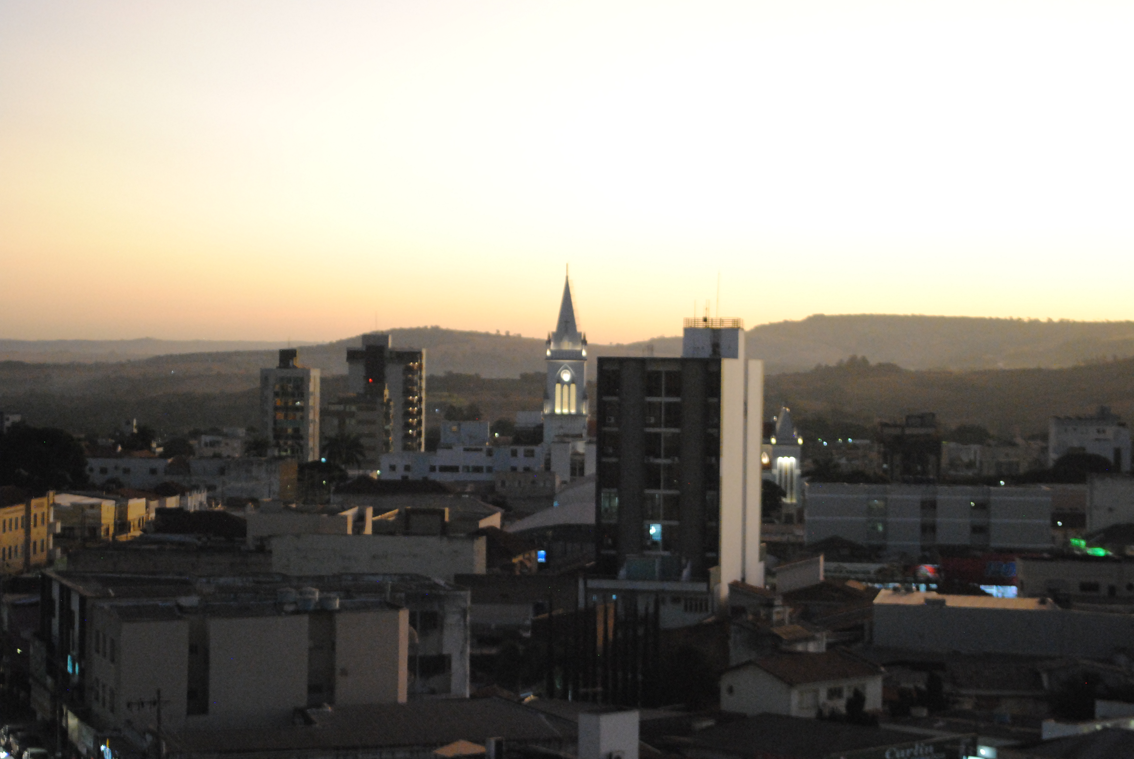 A picture of my hometown's city center. Taken on top of a hotel's sign.